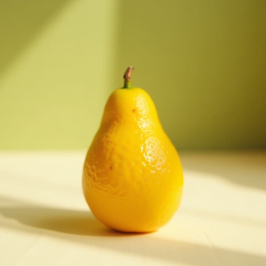 A clean yellow esrog with its pitom, standing on cream linen