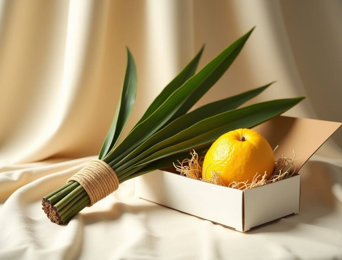 A complete set: lulav bound with hadassim and aravos beside an esrog in its box